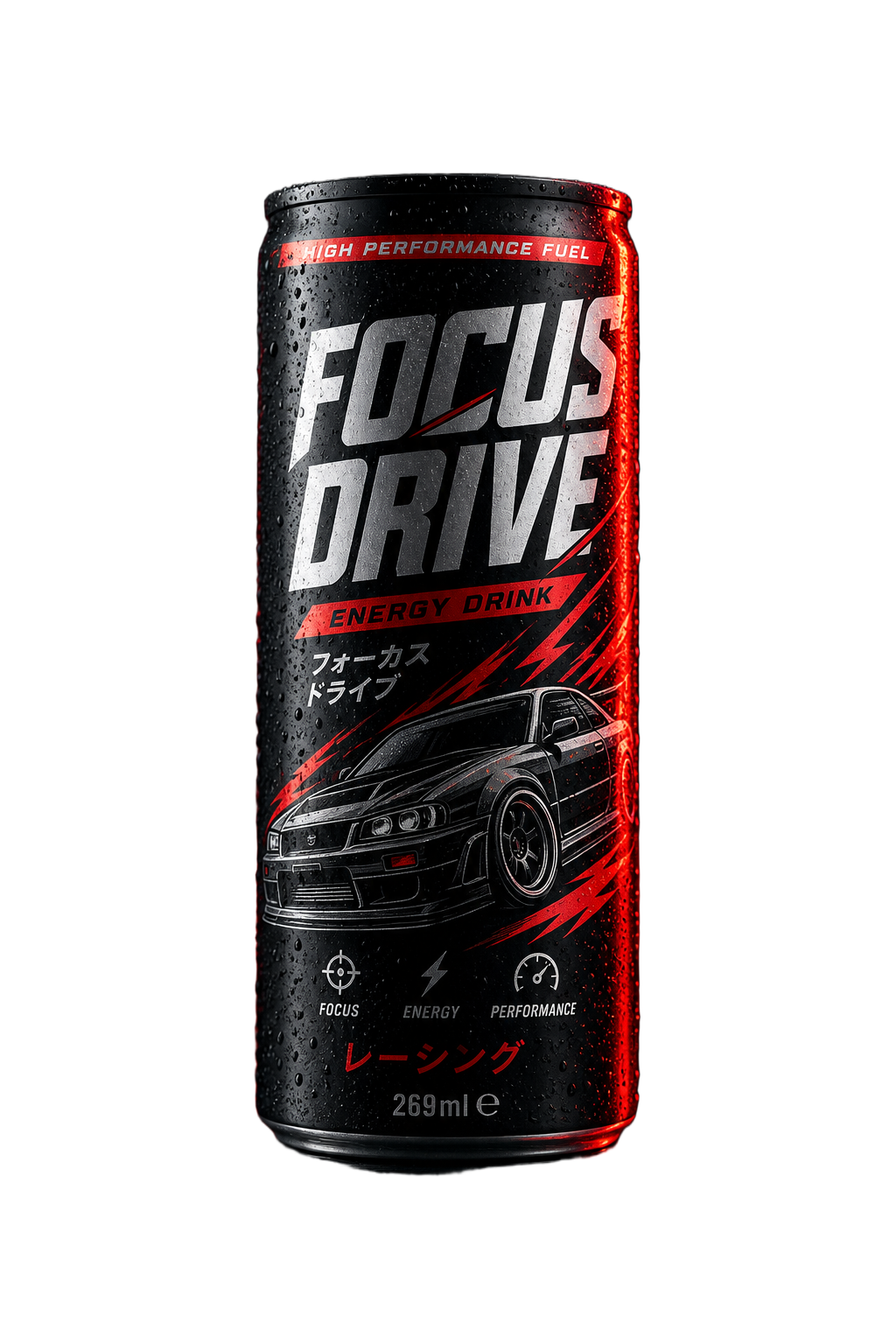 Focus Drive JDM Racing — lata preta com detalhes vermelhos